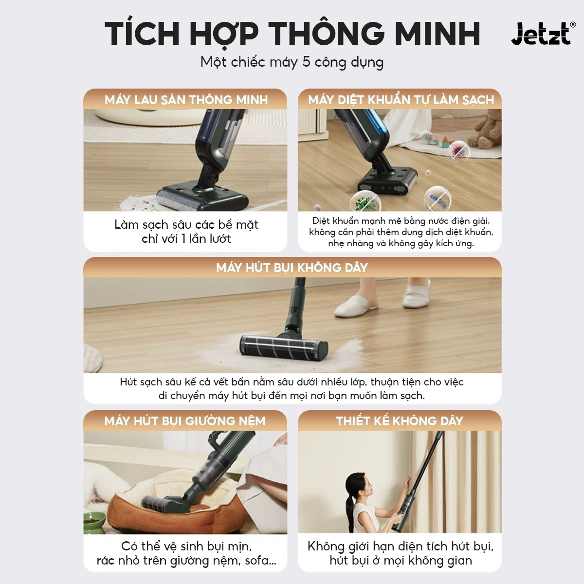 Máy lau sàn hút bụi con lăn đôi đa năng Jetzt H25, lực hút mạnh mẽ 20.000PA