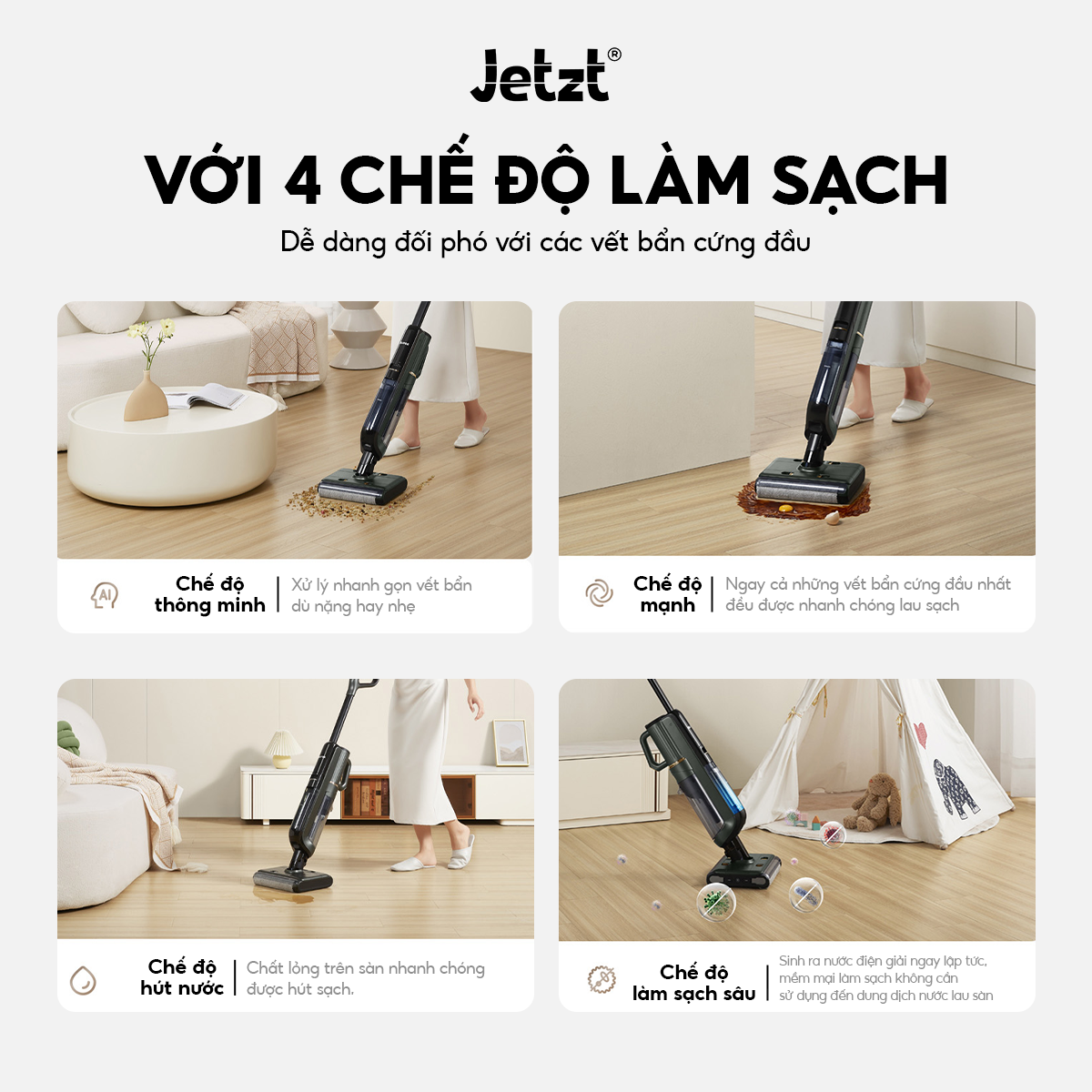 Máy lau sàn hút bụi con lăn đôi đa năng Jetzt H25, lực hút mạnh mẽ 20.000PA