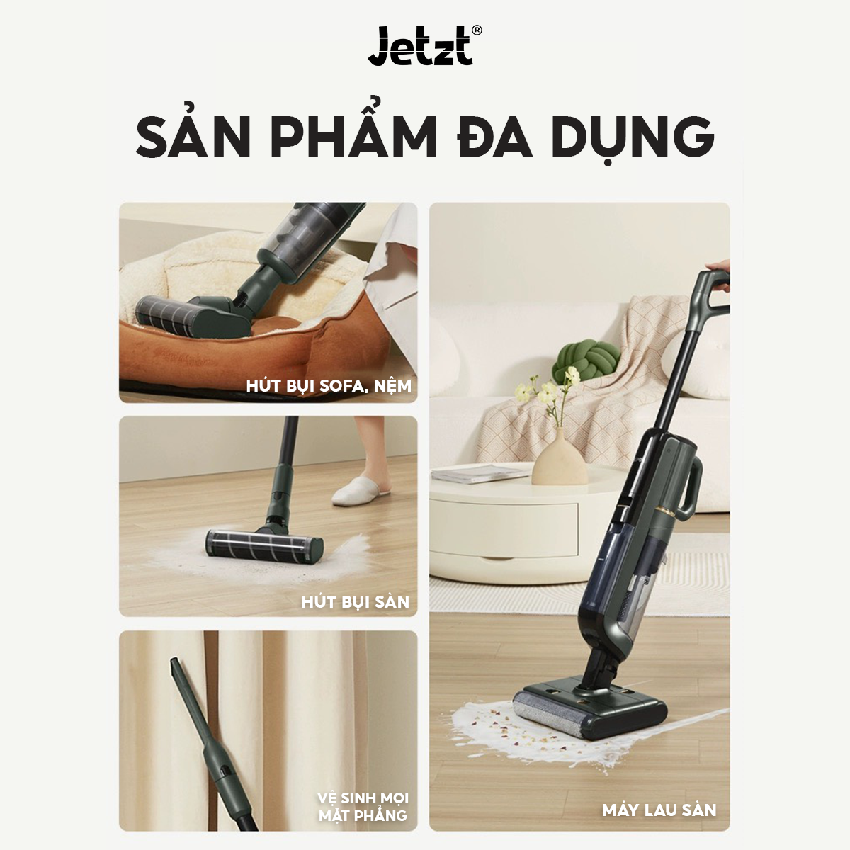 Máy lau sàn hút bụi con lăn đôi đa năng Jetzt H25, lực hút mạnh mẽ 20.000PA