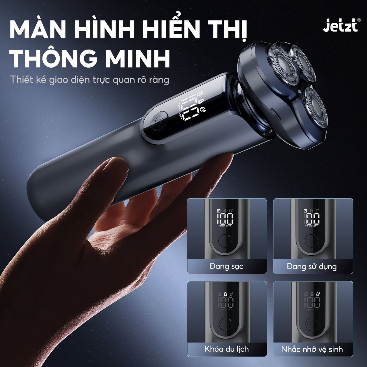 Máy cạo râu Jetzt S90 đa năng 3 lưỡi kép, đầu cạo linh hoạt, chống nước IPX7